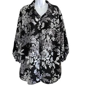 Black Gray Floral Button Down Top Women’s 2X Whimsygoth Dark Romantic Indie Goth
